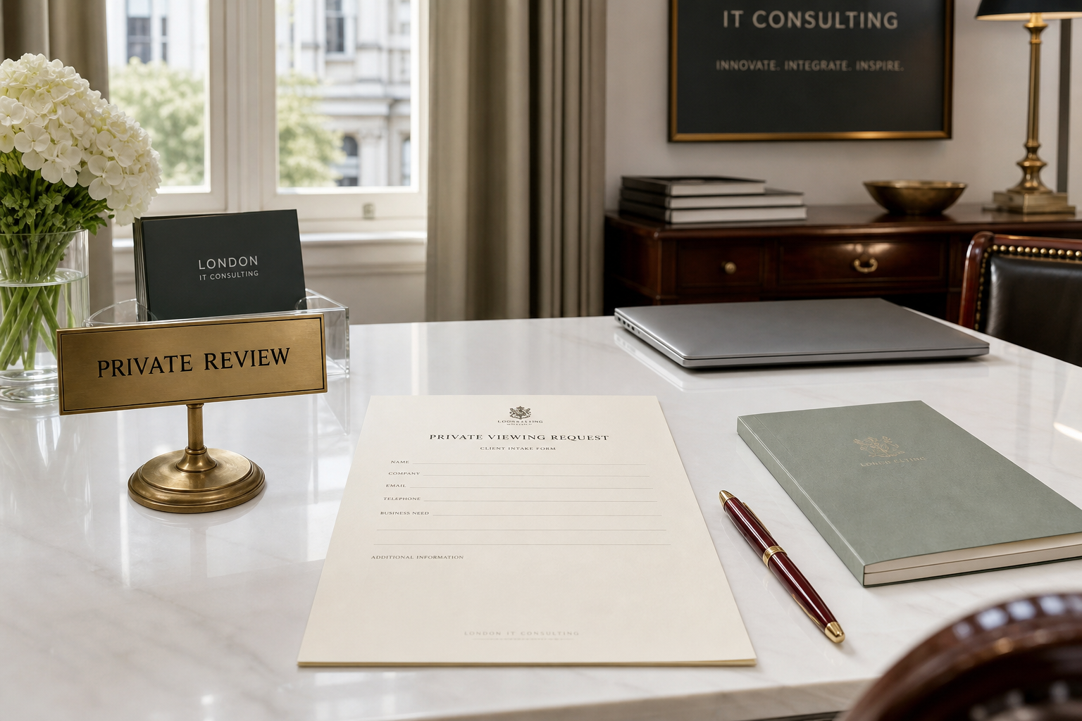 Private review intake desk with catalogue form and brass label