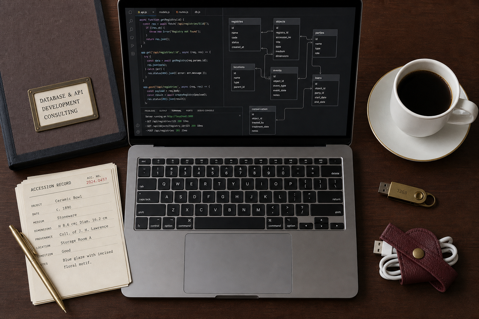 Database schema and API notes on a curated consulting desk