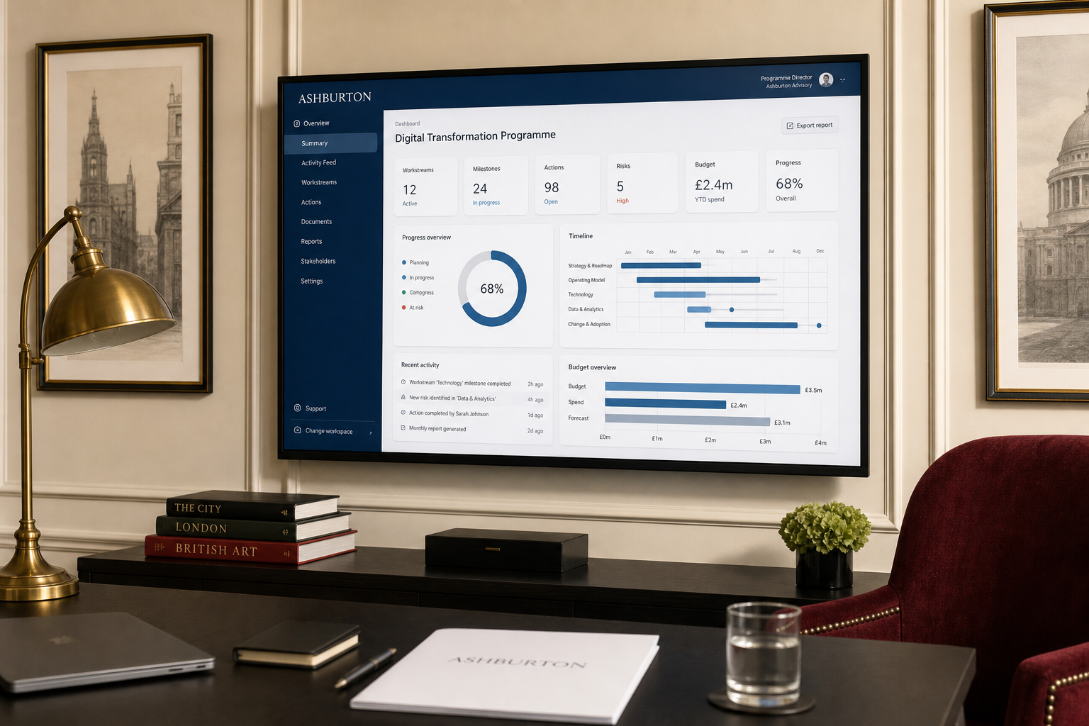 Enterprise software dashboard in a refined consulting room
