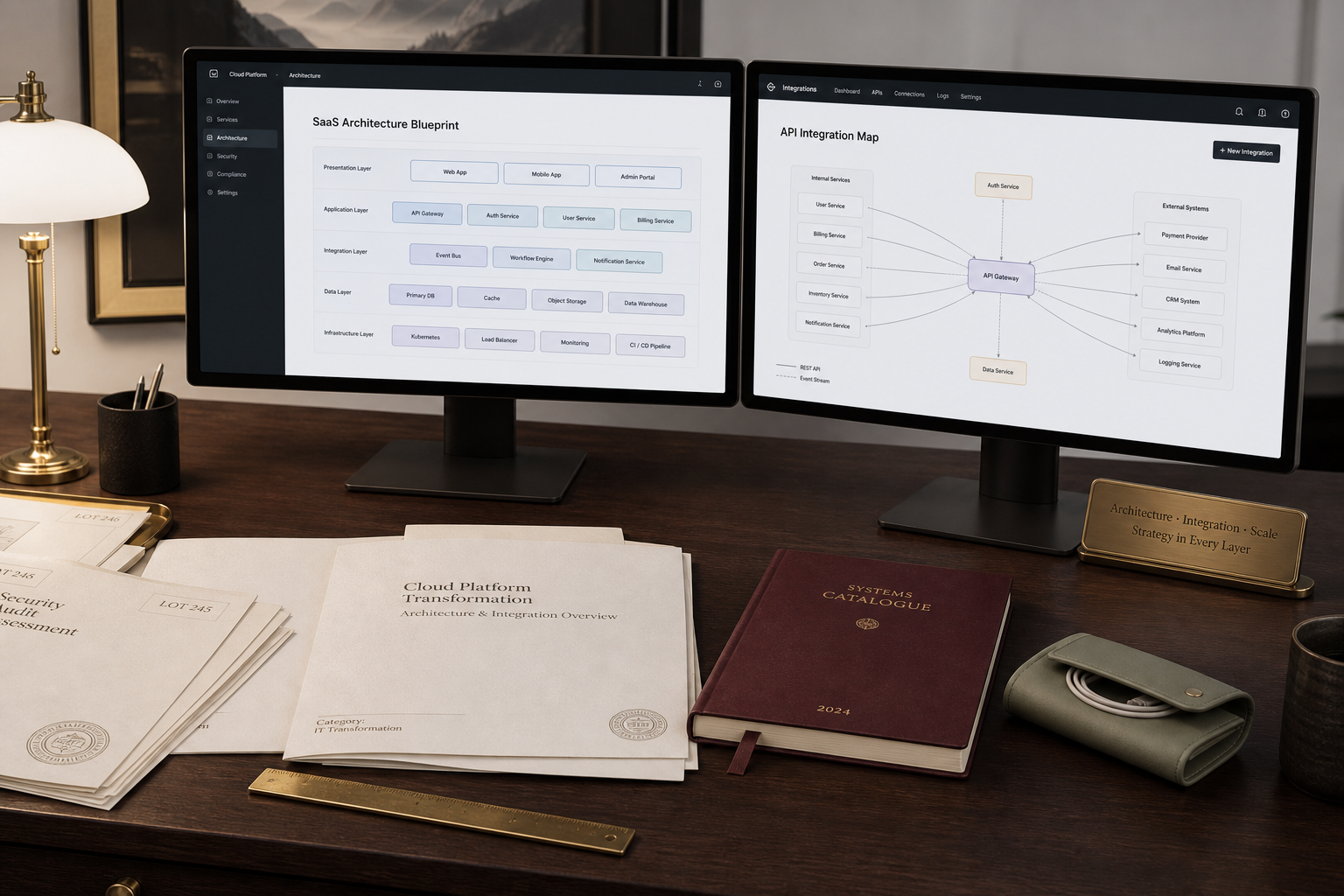 Cloud architecture monitors on a catalogue desk